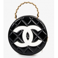 Grade Design Chanel Vanity Case Vintage Round Top Handle Bag Quilted Patent Leather CH8974 Black