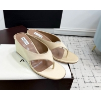 Stylish Alaia Cube Wedge Thong Slides Sandal 7.5cm in Satin Light Beige 50709006