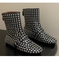 Good Looking Alaia Flat Ankled Boots in Leather and Strass with Buckle Black 0827083