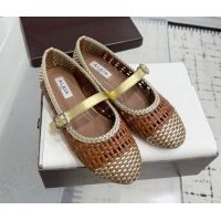 Popular Style Alaia Ballet Flats in Woven Leather Brown/Gold 0827092