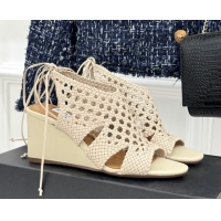 Luxurious Alaia Weave Leather Wedge Sandals 10.5cm Heel A091605 Beige