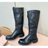 Unique Style Miu Miu Leather High Boots with Strap Buckle Black 5W315E 50826014