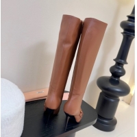 Best Product Miu Miu Leather High Heel Boots with Strap Buckle Brown MIU082603 0826018