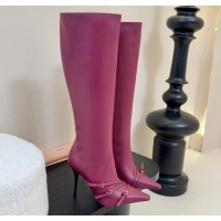 Top Grade Miu Miu Leather High Heel Boots with Strap Buckle Purple MIU082603 50826019