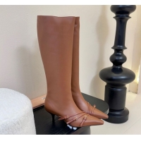 Low Cost Miu Miu Leather Low Heel High Boots with Buckle Brown MIU082603 50826021