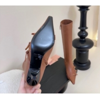 Low Cost Miu Miu Leather Low Heel High Boots with Buckle Brown MIU082603 50826021