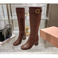 Luxury Miu Miu Nappa Leather Heel High Boots 6cm with Buckle Brown 5W548E 0826028