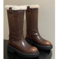 Good Quality Miu Miu Leather and Wool Lining Platform Short Boots Brown MIU082607 0826049