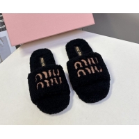 Stylish Miu Miu Shearling Flat Slides Sandal Black MIU082608 0826050