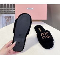 Stylish Miu Miu Shearling Flat Slides Sandal Black MIU082608 0826050