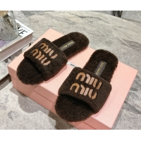 Grade Quality Miu Miu Shearling Flat Slides Sandal Dark Brown MIU082608 0826052