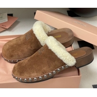 Duplicate Miu Miu Suede and Wool Clogs Mules Brown MIU082609 0826056
