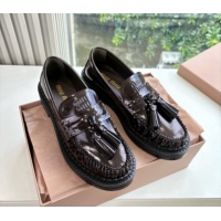 Good Looking Miu Miu Shiny Calfskin Loafers with Tassel Dark Brown 090601