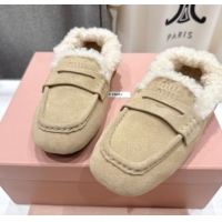Good Product Miu Miu Ruches Suede Loafers with Shearling Beige 090603