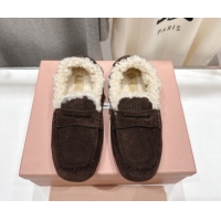 Luxury Cheap Miu Miu Ruches Suede Loafers with Shearling Dark Brown 090604