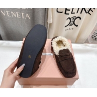 Luxury Cheap Miu Miu Ruches Suede Loafers with Shearling Dark Brown 090604