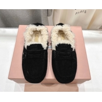 Popular Style Miu Miu Ruches Suede Loafers with Shearling Black 090605