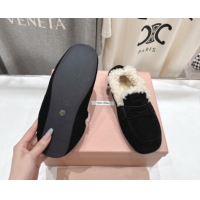 Popular Style Miu Miu Ruches Suede Loafers with Shearling Black 090605