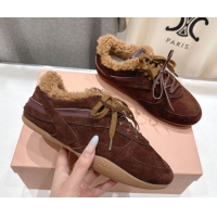 Top Design Miu Miu Gymnasium Sneakers in Suede and Wool Dark Brown 1024083