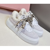 Shop Duplicate Miu Miu Suede and Wool Sneakers 4.5cm with Double Lace Grey 1024094
