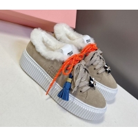 Luxury Miu Miu Suede and Wool Platform Sneakers 4.5cm with Charm Beige 1024098