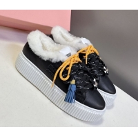 Stylish Miu Miu Leather and Wool Platform Sneakers 4.5cm with Charm Black 1024100