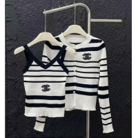 Spot Bulk Chanel Striped Knit Cardigan With Tank Top Set CH2369 Black/White