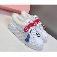 Perfect Miu Miu Leather and Wool Platform Sneakers 4.5cm with Charm White 1024102
