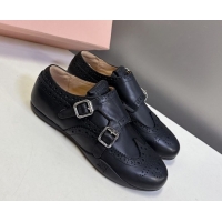 Buy Luxury Miu Miu Perforated Leather Brogue Shoes with Buckles Black 5E510E 1024103