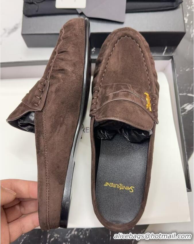 Best Product Saint Laurent Le Loafers Mules in Suede Dark Brown 0424035