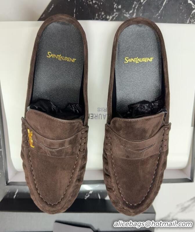 Best Product Saint Laurent Le Loafers Mules in Suede Dark Brown 0424035