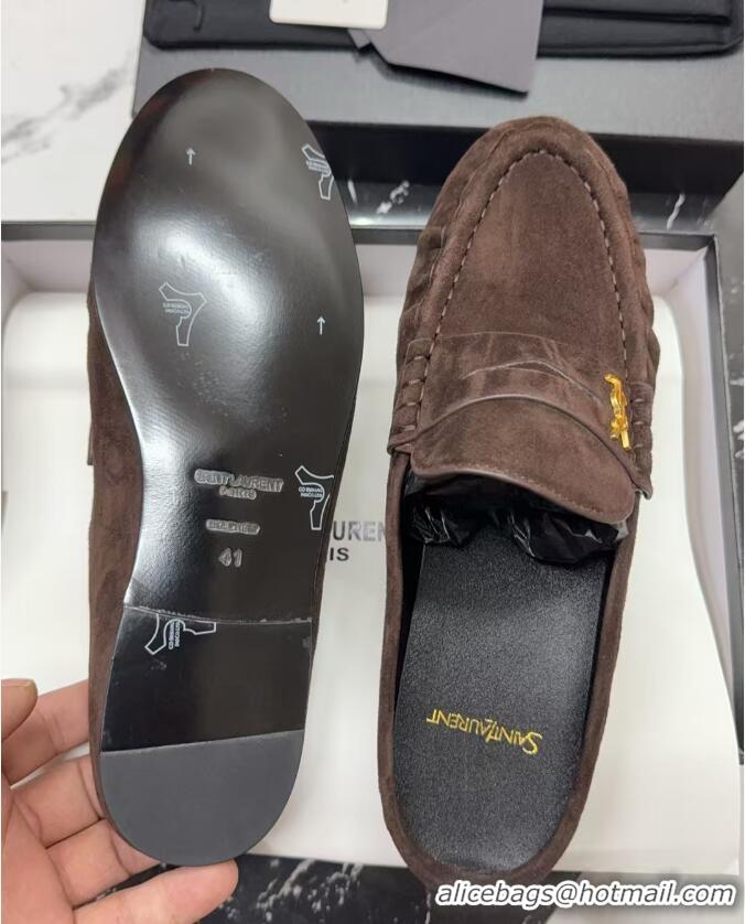 Best Product Saint Laurent Le Loafers Mules in Suede Dark Brown 0424035