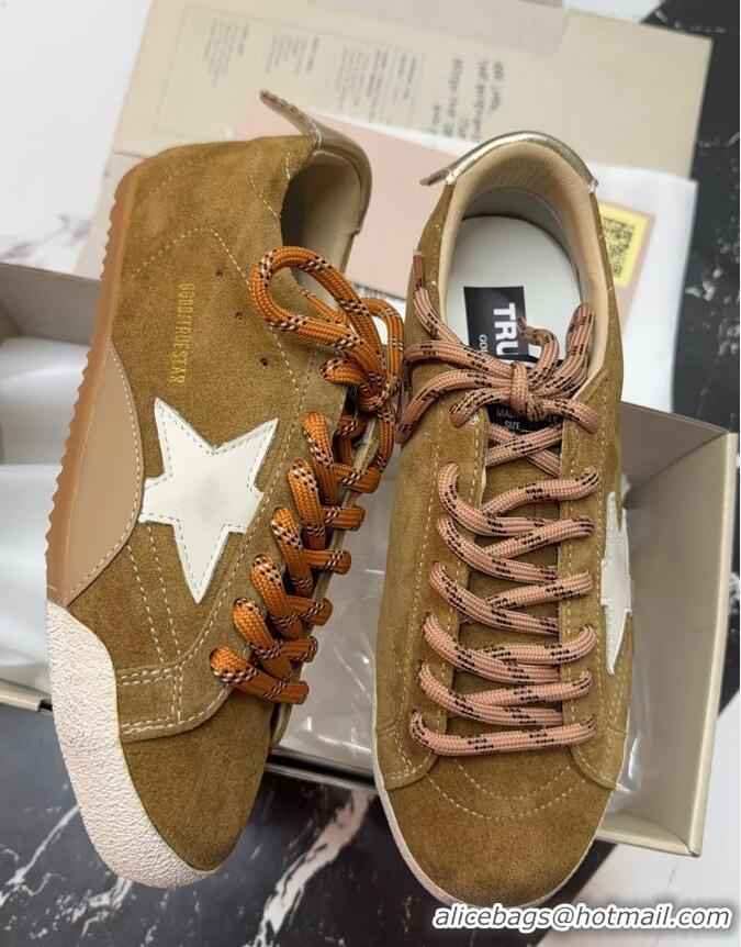 Classic Hot Golden Goose Women's True-Star Sneakers in tobacco-colored brown suede with white star and gold-tone heel ta