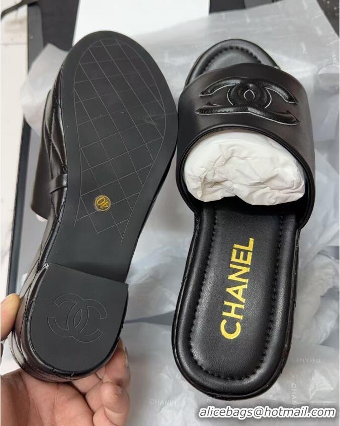 Buy Luxury Chanel Quilted Lambskin Platform Wedge Slides Sandal Black 2025 CH071502