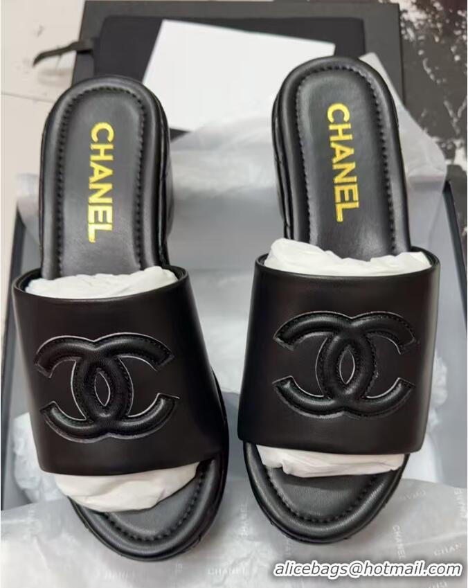 Buy Luxury Chanel Quilted Lambskin Platform Wedge Slides Sandal Black 2025 CH071502