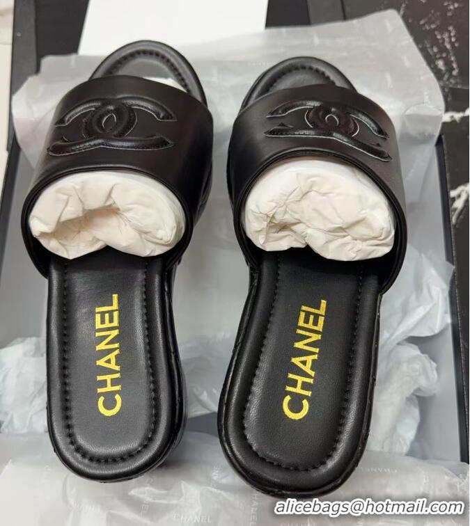 Buy Luxury Chanel Quilted Lambskin Platform Wedge Slides Sandal Black 2025 CH071502