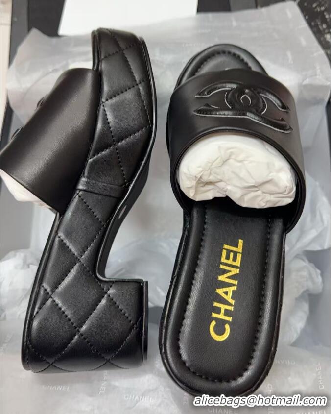 Buy Luxury Chanel Quilted Lambskin Platform Wedge Slides Sandal Black 2025 CH071502