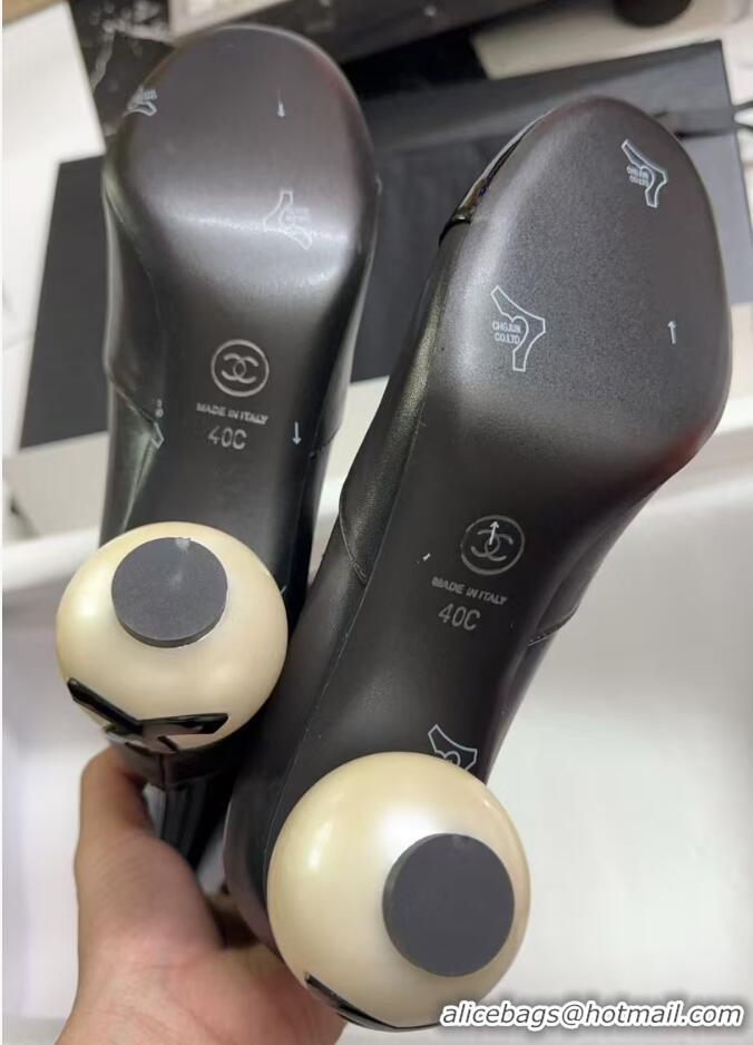 Durable Chanel Stretch Calfskin & Patent Leather Ankle Boots with Maxi Pearl Heel Black 0830047