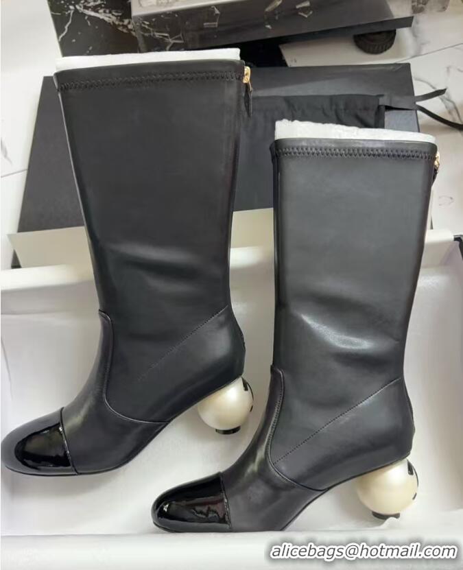Durable Chanel Stretch Calfskin & Patent Leather Ankle Boots with Maxi Pearl Heel Black 0830047