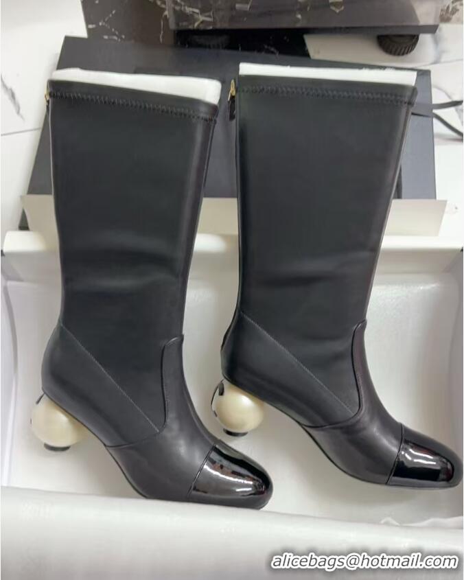 Durable Chanel Stretch Calfskin & Patent Leather Ankle Boots with Maxi Pearl Heel Black 0830047
