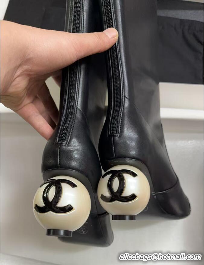 Durable Chanel Stretch Calfskin & Patent Leather Ankle Boots with Maxi Pearl Heel Black 0830047