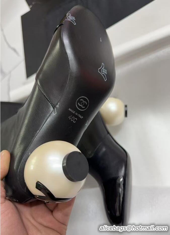Durable Chanel Stretch Calfskin & Patent Leather Ankle Boots with Maxi Pearl Heel Black 0830047