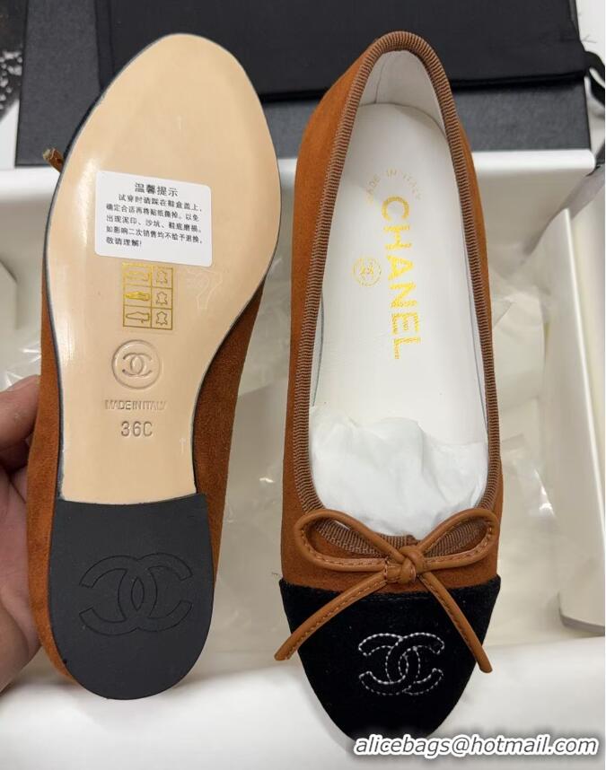 ​Buy Cheap Chanel CC Ballet Flat With Bow Suede CH1023 Dark Brown/Cloud Black Canvas
