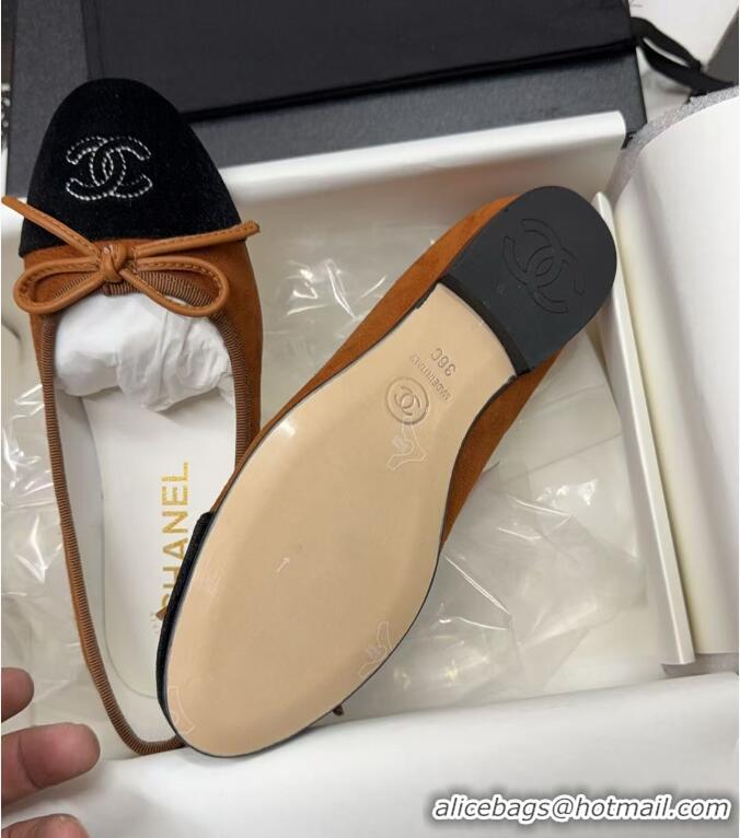​Buy Cheap Chanel CC Ballet Flat With Bow Suede CH1023 Dark Brown/Cloud Black Canvas