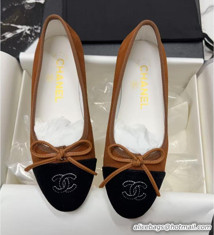 ​Buy Cheap Chanel CC Ballet Flat With Bow Suede CH1023 Dark Brown/Cloud Black Canvas