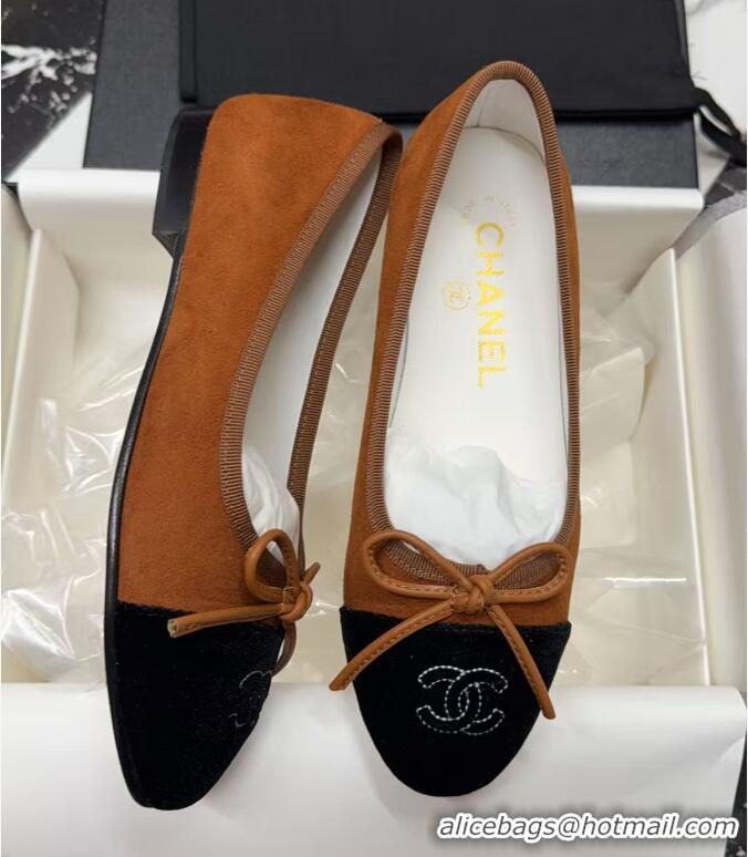 ​Buy Cheap Chanel CC Ballet Flat With Bow Suede CH1023 Dark Brown/Cloud Black Canvas