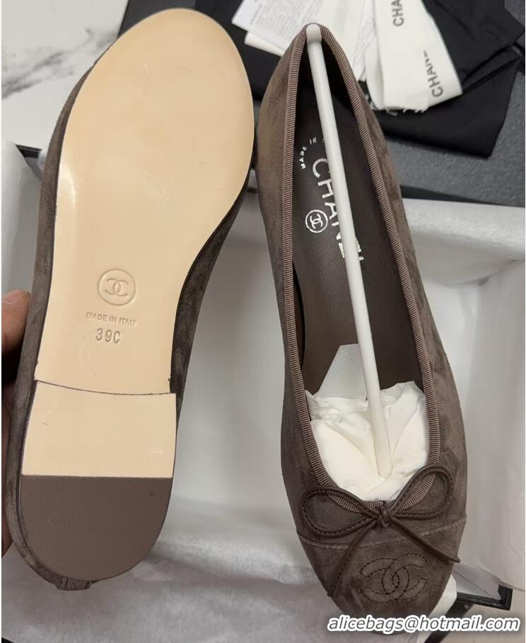 Low Cost Chanel CC Ballet Flat With Bow Suede CH1023 Dark Brown