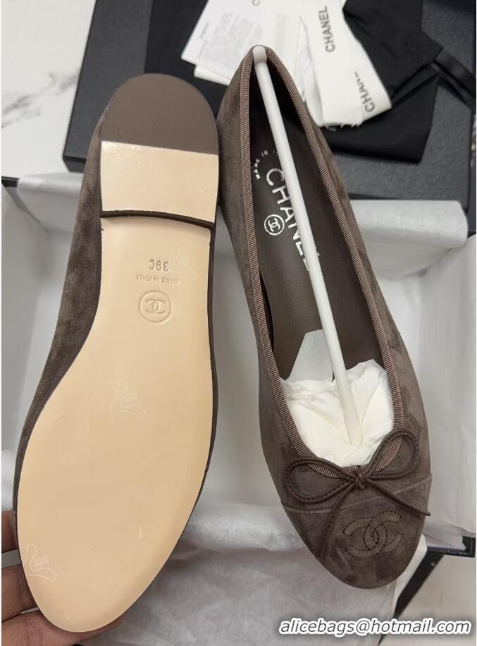 Low Cost Chanel CC Ballet Flat With Bow Suede CH1023 Dark Brown