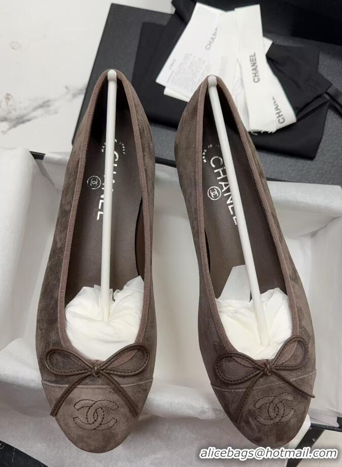 Low Cost Chanel CC Ballet Flat With Bow Suede CH1023 Dark Brown