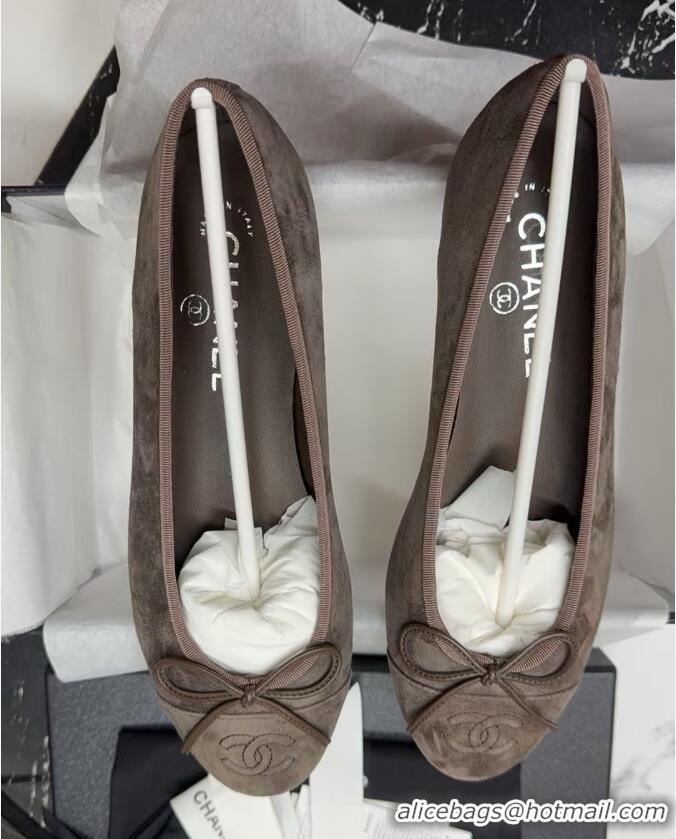 Low Cost Chanel CC Ballet Flat With Bow Suede CH1023 Dark Brown